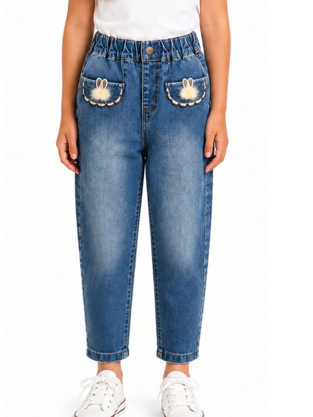 Balabala Girls Fleece Lined Jeans Size 120/53 (US 6X–7) Bunny Elastic Waist